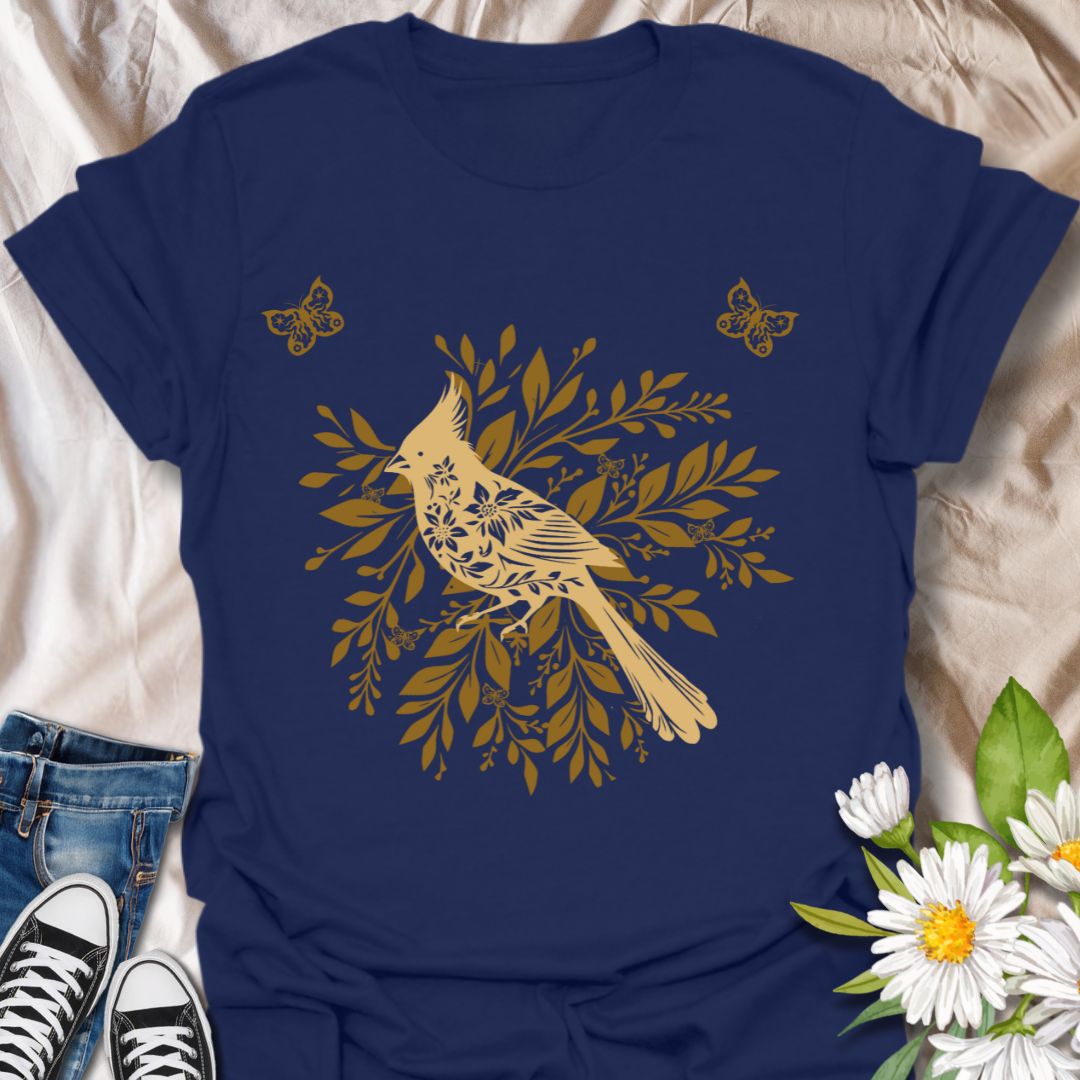 Charming bird and foliage t-shirt featuring a golden bird perched among stencil design botanical leaves. Perfect for bird lovers, nature fans, and botanical art enthusiasts.  Navy