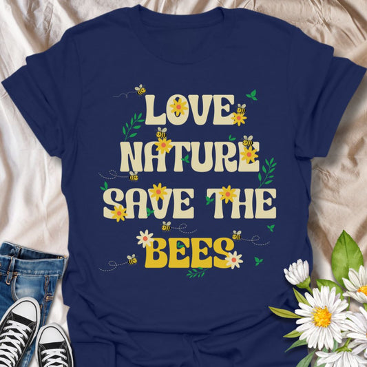 Bright "Love Nature Save The Bees" t-shirt with playful yellow typography, buzzing bees, and cheerful flower accents. Ideal for bee lovers, pollinator supporters, gardeners, environmental advocates, and nature enthusiasts. Perfect eco-friendly gift, conservation awareness shirt, botanical fashion, and sustainable garden apparel.