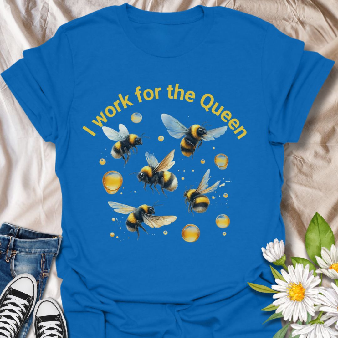 Fun "I Work for the Queen" bee t-shirt featuring vibrant flying bees and honeycomb accents on royal blue. Perfect for beekeepers, honey bee lovers, gardeners, pollinator enthusiasts, and nature fans. Great gift for plant moms, environmentalists, and anyone who loves saving the bees.