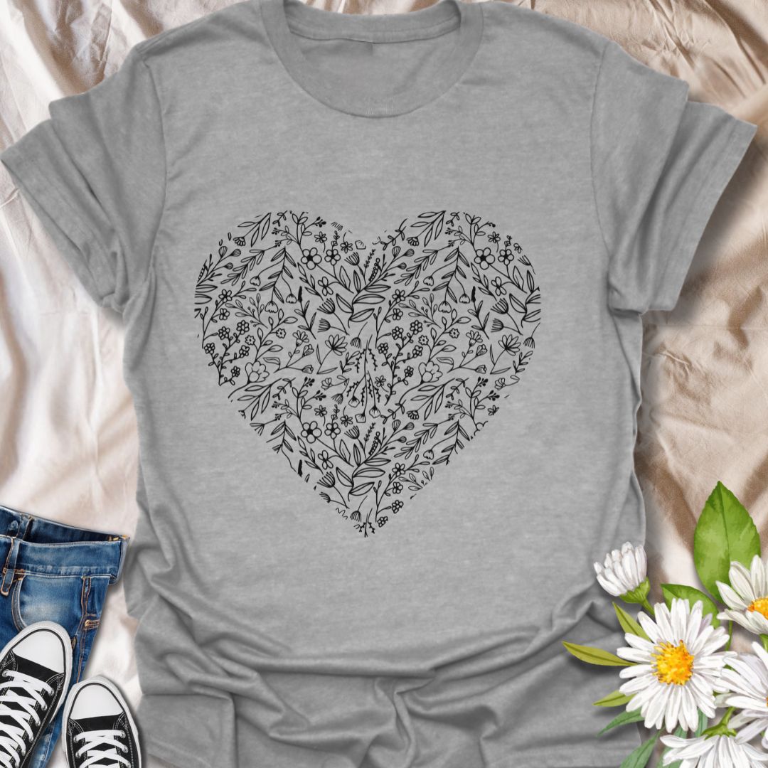 Celebrate your love for nature with this stunning floral heart design, filled with intricate leaves and delicate flowers. A perfect choice for plant lovers, gardeners, and anyone who enjoys botanical beauty.