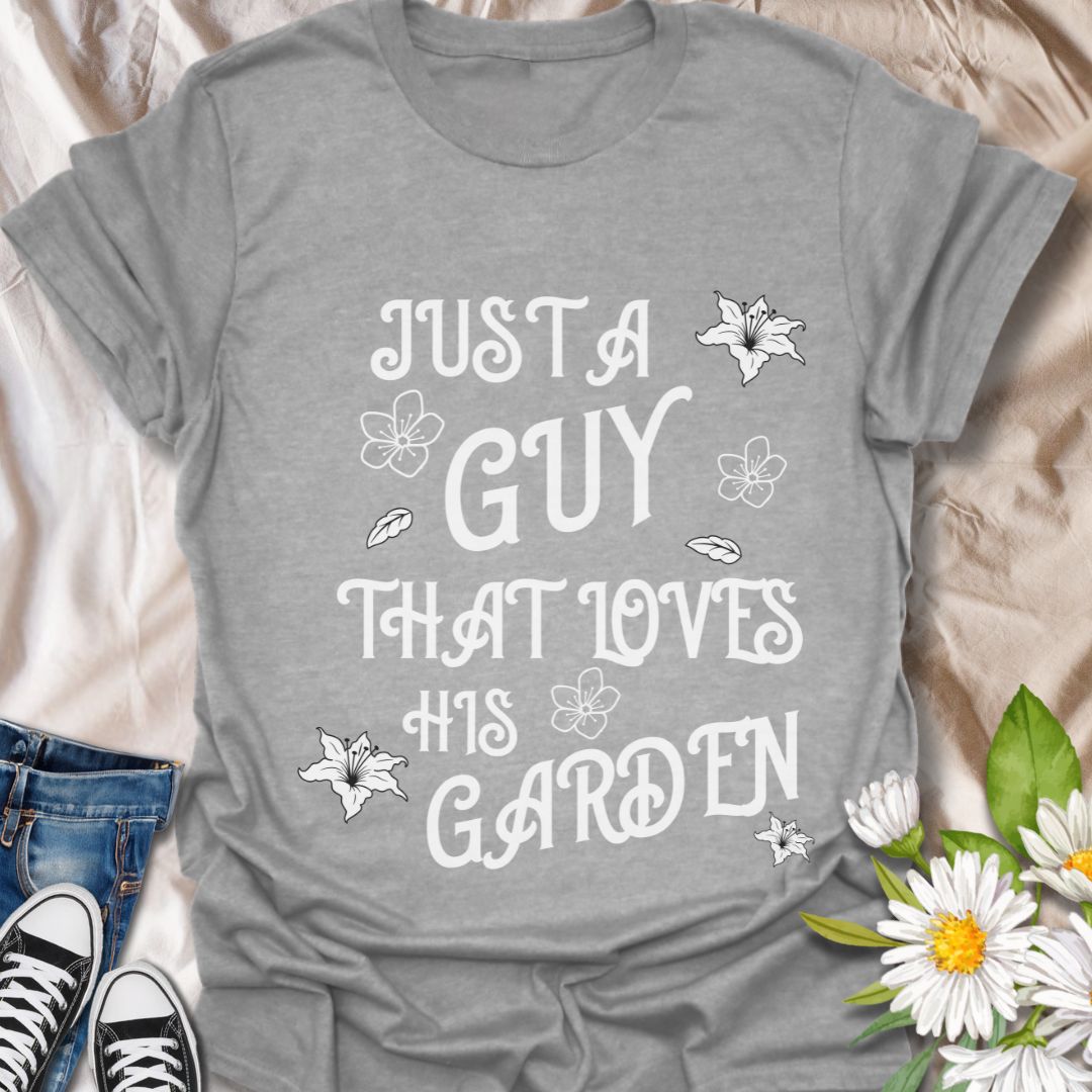 Celebrate gardening passion with this fun "Just A Guy That Loves His Garden" t-shirt. Featuring playful floral graphics and a bold statement, it's perfect for the green-thumbed guy who enjoys spending time in the garden.