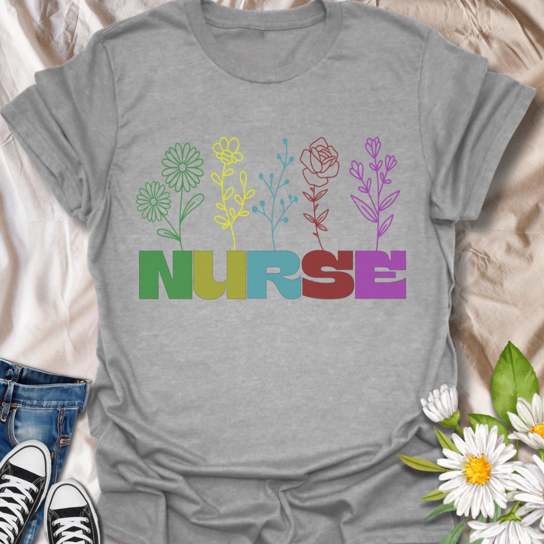 Celebrate caring in color with this rainbow floral "NURSE" t-shirt. A vibrant and heartfelt gift for nurses who bring healing and compassion. Perfect for Nurse Appreciation Week, graduations, or everyday pride.