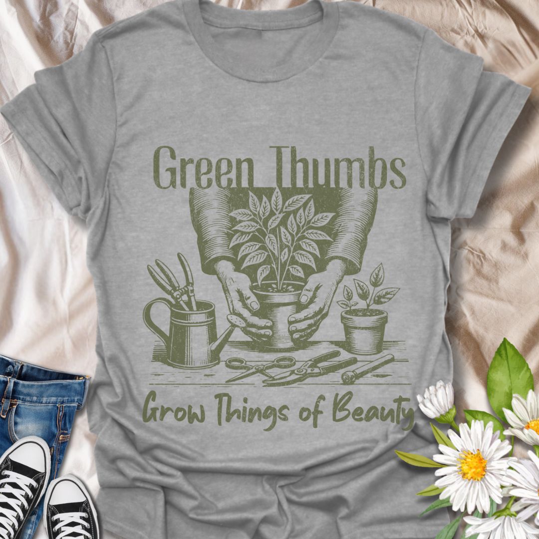 Celebrate the magic of gardening with this “Green Thumbs Grow Things of Beauty” t-shirt. Featuring a rustic hand-drawn design of planting tools and flourishing foliage, it’s the perfect gift for plant lovers and garden gurus alike.
