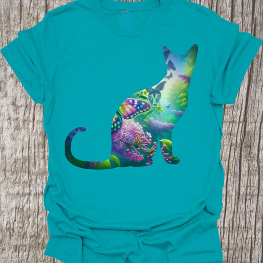 Mystical Cat design with flowers, water, trees and butterflies in cat silhouette, on a tropical color t-shirt