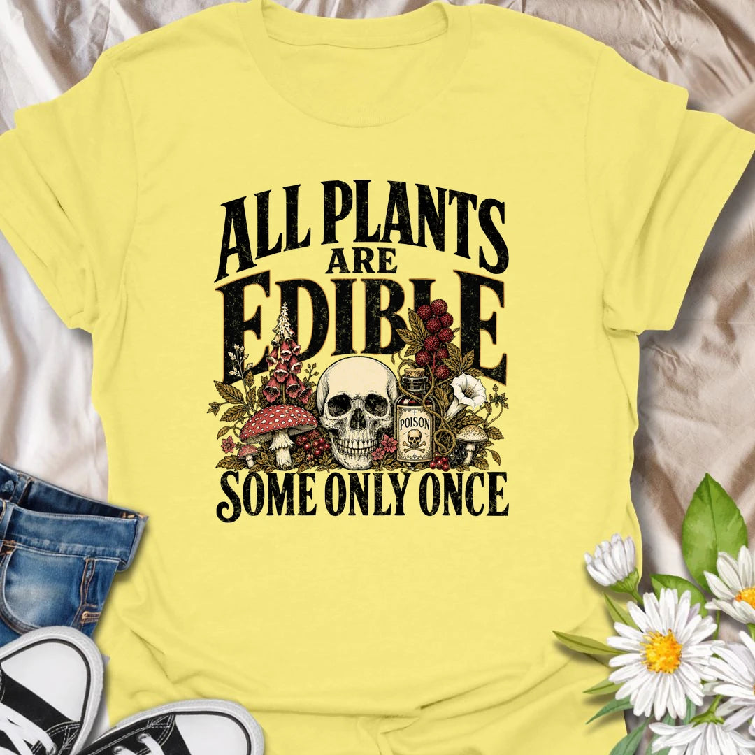 All Plants Are Edible t-shirt for plant lovers with a dark sense of humor and a love for botanical warnings.
The bold vintage-style design features mushrooms, plants, and skull artwork for a funny garden-meets-goth look.
It is perfect for gardeners, houseplant fans, mushroom lovers, and anyone who appreciates slightly twisted plant humor.
A fun gift for plant people who know some greenery should definitely be admired, not tasted.
