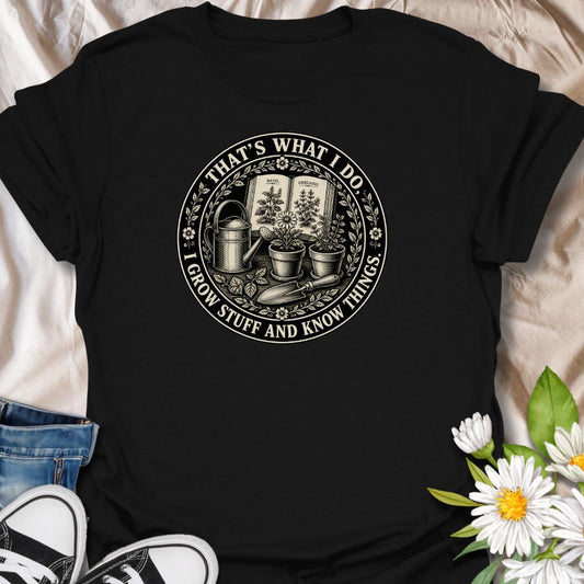 Funny gardening t-shirt with a vintage botanical badge design, perfect for plant lovers, herb gardeners, and anyone who grows stuff and knows things.