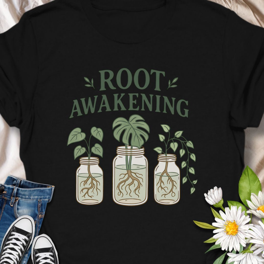 
For plant enthusiasts who love jar propagation, this t-shirt blends clever wordplay with a soft green aesthetic - Soft, lived-in comfort meets quiet green joy. This  tee carries a gentle plant-lover’s message — ‘Root Awakening’ above three mason jars with thriving cuttings and visible roots. The muted greens and hand-drawn lines give it a botanical, cottage-core vibe that reads as calm and intentional. 