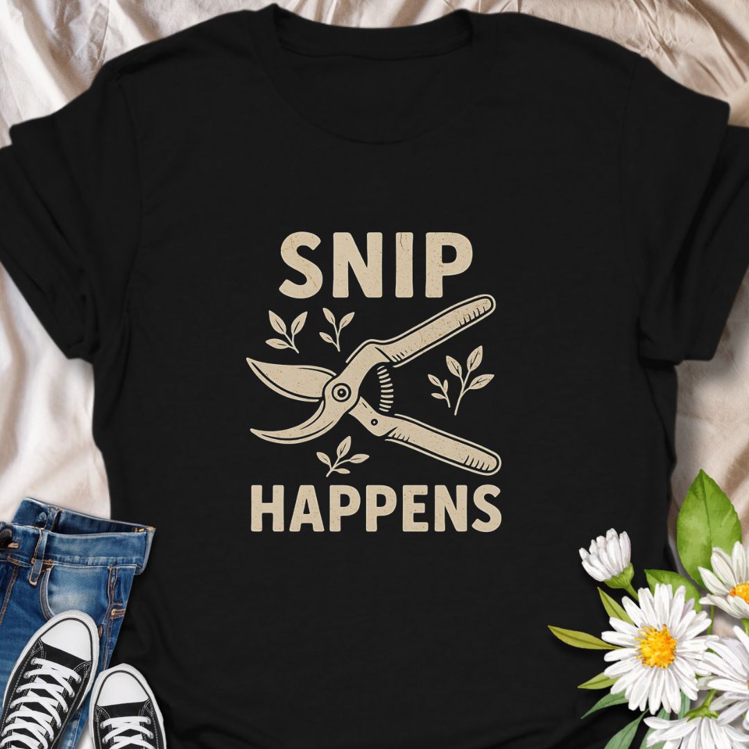 Add humor to your garden gear with this funny "Snip Happens" gardening t-shirt. Featuring classic pruners and a cheeky pun, it's perfect for plant lovers, backyard growers, and anyone who appreciates a good garden joke. Great gift for horticulturists, florists, and green thumbs who love a laugh.