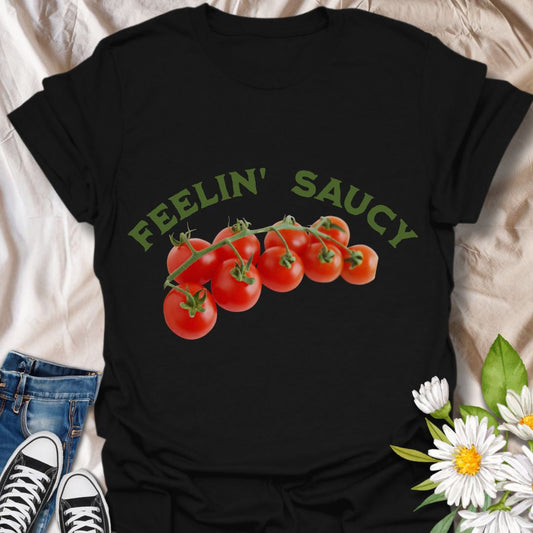 Turn up the flavor with this fun “Feelin' Saucy” t-shirt featuring a juicy vine of tomatoes. Perfect for gardeners, foodies, or anyone with a cheeky sense of humor. Great gift for sauce lovers and homegrown chefs!