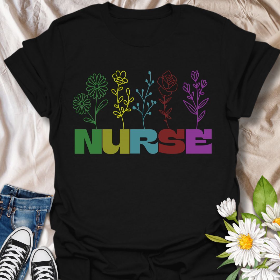 Celebrate caring in color with this rainbow floral "NURSE" t-shirt. A vibrant and heartfelt gift for nurses who bring healing and compassion. Perfect for Nurse Appreciation Week, graduations, or everyday pride.