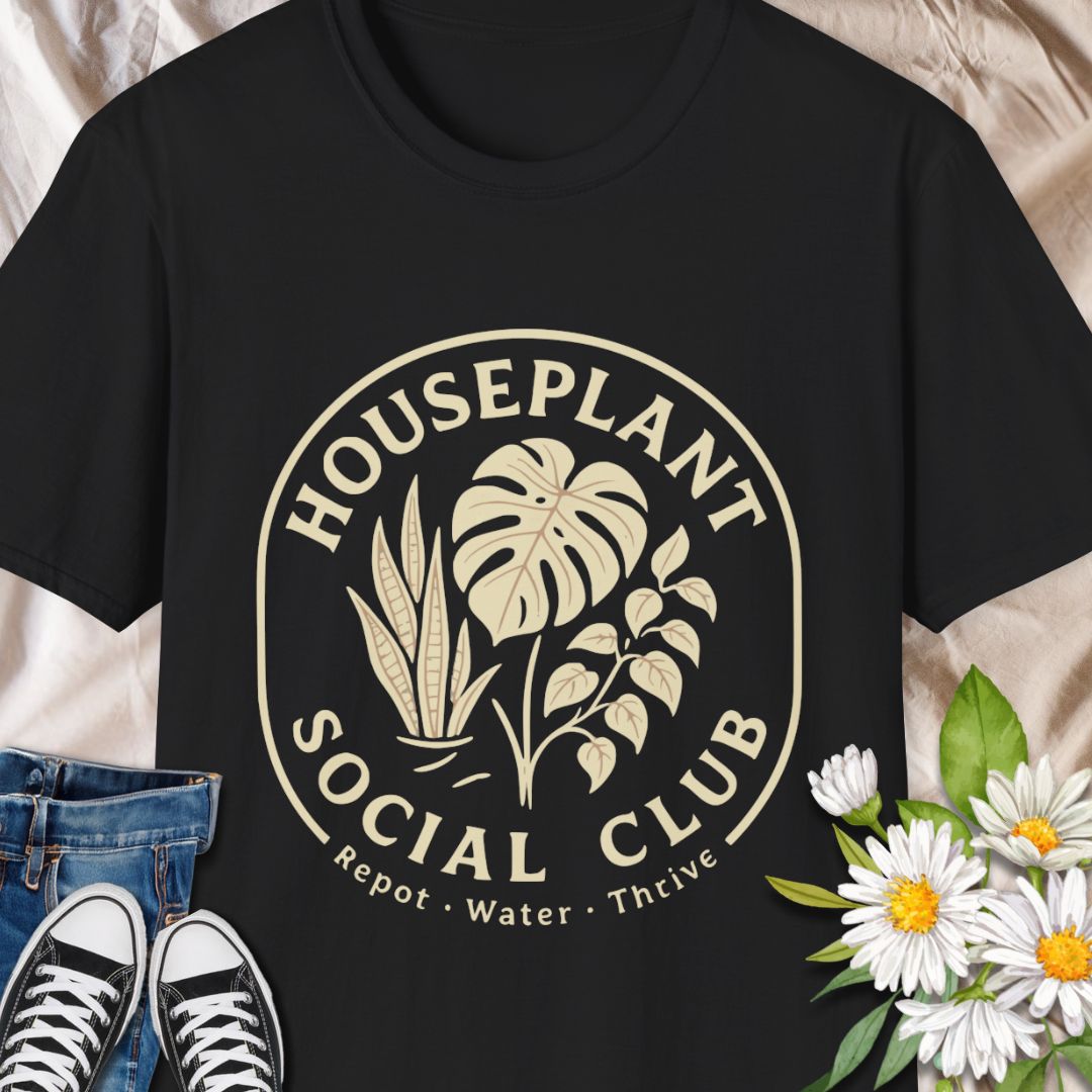 Join the green-thumb crew with this stylish “Houseplant Social Club” t-shirt featuring classic indoor plants like monstera, pothos, and snake plant. A perfect tee for plant lovers who live to repot, water, and thrive. Great gift for gardeners, plant moms, and urban jungle enthusiasts.