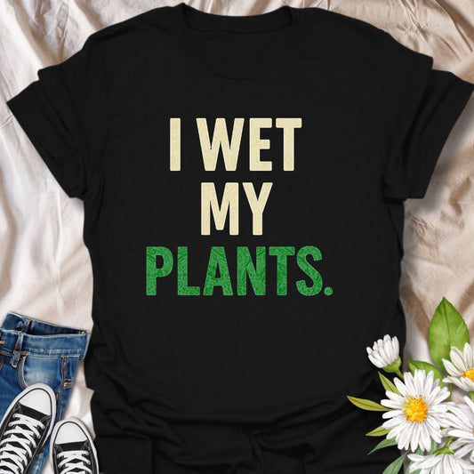 Bring humor to your plant-loving lifestyle with this funny graphic t-shirt featuring the witty phrase "I Wet My Plants." Perfect for gardeners, plant parents, and anyone who enjoys quirky botanical-themed apparel with a playful twist.