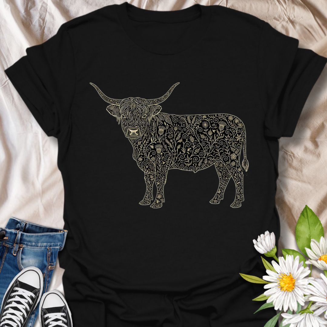 Show off your love for rustic charm and artistic nature with this intricately designed Highland cow graphic t-shirt. Featuring a beautifully detailed floral pattern within the iconic silhouette of a Highland cow, this design is perfect for farm lovers, botanical art fans, and anyone who appreciates country-inspired fashion with a creative twist.