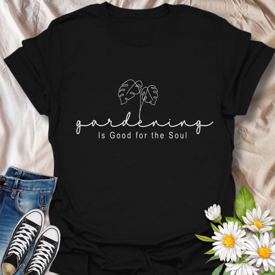 Simple and stylish gardening t-shirt with elegant line art leaves and the uplifting message 'Gardening is good for the soul.' A perfect gift for plant moms, garden lovers, and self-care advocates. Neutral tones and minimalist aesthetic for easy everyday wear or weekend plant therapy.