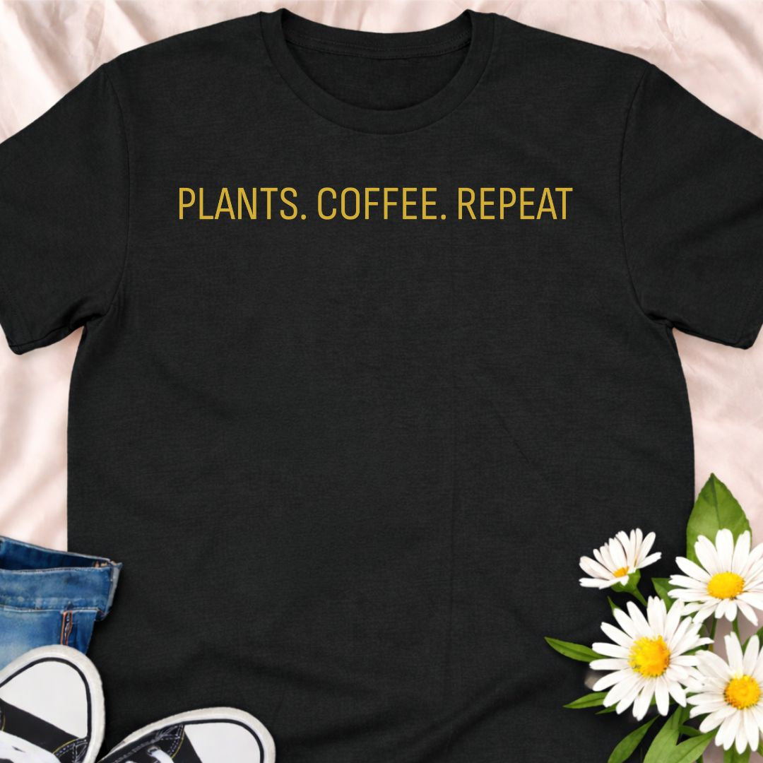 A minimalist “Plants. Coffee. Repeat.” t-shirt for plant lovers, coffee addicts, and slow-living fans. A simple, everyday graphic tee perfect for gardeners, houseplant parents, and cozy café vibes.
