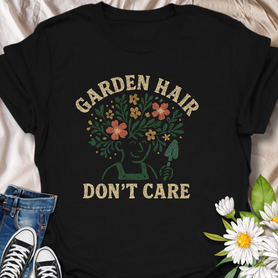 Embrace your wild gardening spirit with this fun "Garden Hair Don’t Care" t-shirt—perfect for plant lovers who dig into nature without worrying about the mess. A great gift for gardeners, plant parents, or anyone who wears their love for blooms proudly.