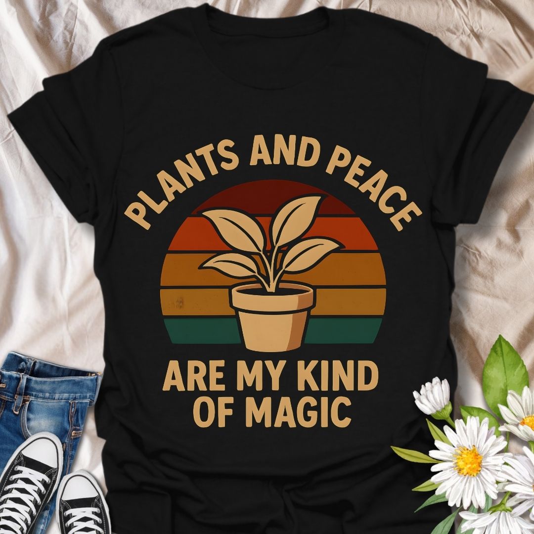Retro-inspired “Plants and Peace Are My Kind of Magic” t-shirt for plant lovers and peace seekers. Featuring a potted plant with vintage sunset stripes, this design blends boho style with mindfulness—perfect for gardeners, plant parents, and earthy souls.