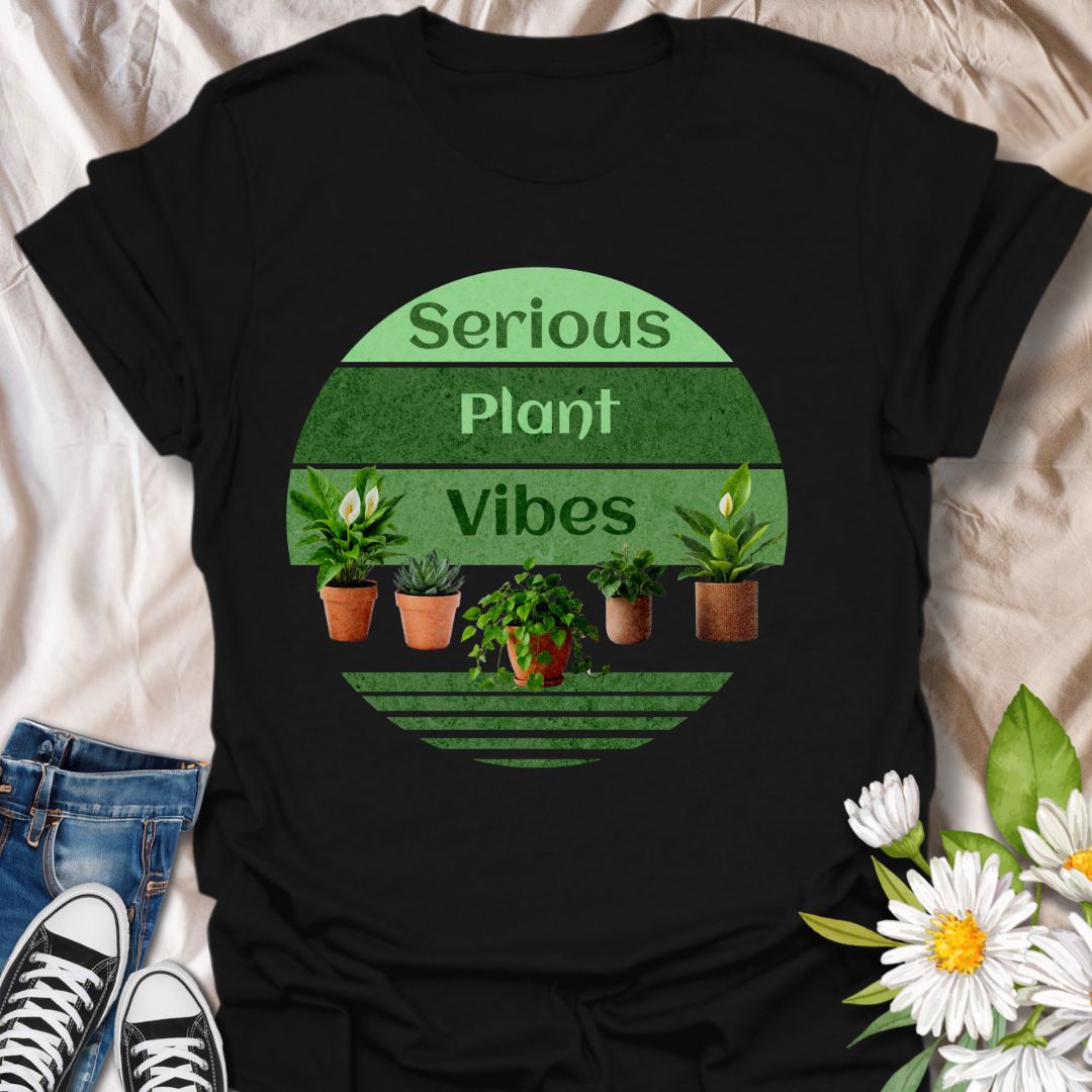 “Serious Plant Vibes” t-shirt featuring vibrant potted houseplants in a retro green circle design. Perfect for plant moms, gardeners, and houseplant enthusiasts who love their leafy friends. A fun botanical tee for indoor plant lovers and green thumbs.