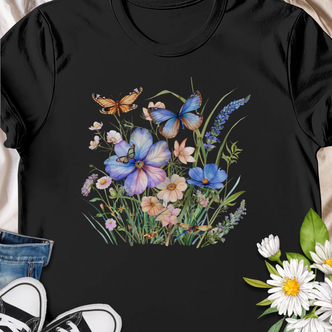 Beautiful nature tee with a delicate meadow of wildflowers and butterflies. simple, and quietly evocative. 