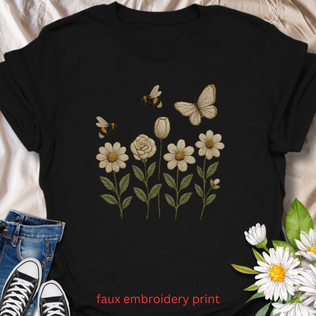 Celebrate the beauty of pollinators with this faux embroidery t-shirt featuring delicately stitched-look bees, a butterfly, and blooming white flowers. The design adds a charming, nature-inspired touch to your wardrobe—perfect for garden lovers, embroidery art fans, and anyone who appreciates floral elegance with a vintage twist.