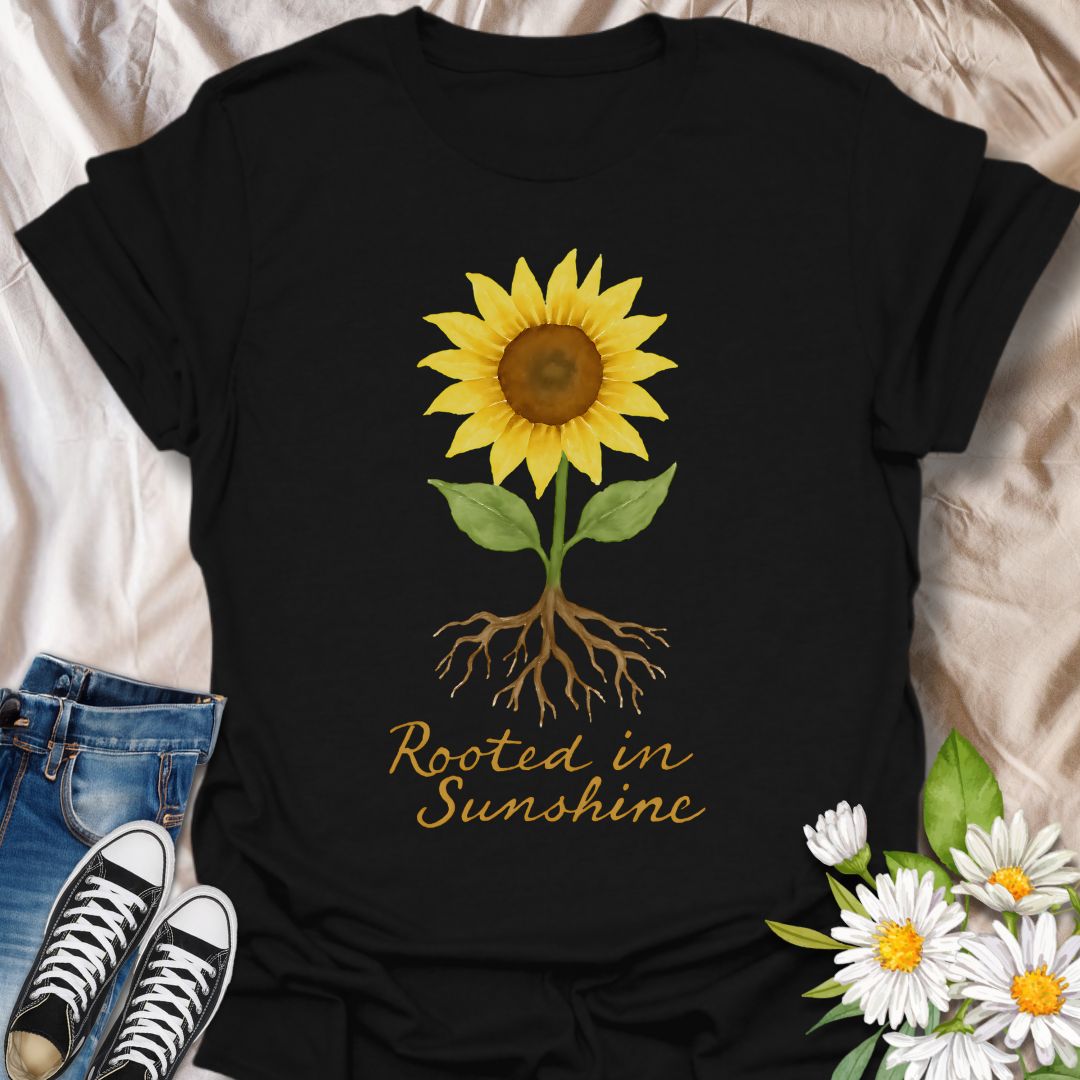 Uplifting sunflower t-shirt with detailed roots and the inspiring phrase ‘Rooted in Sunshine.’ Perfect for nature lovers, gardeners, plant moms, and anyone who finds strength and joy in growth, positivity, and sunshine. A thoughtful gift for self-care, mindfulness, and outdoor enthusiasts.