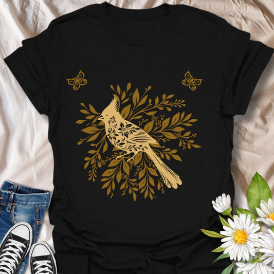 Charming bird and foliage t-shirt featuring a golden bird perched among stencil design botanical leaves. Perfect for bird lovers, nature fans, and botanical art enthusiasts.  Black
