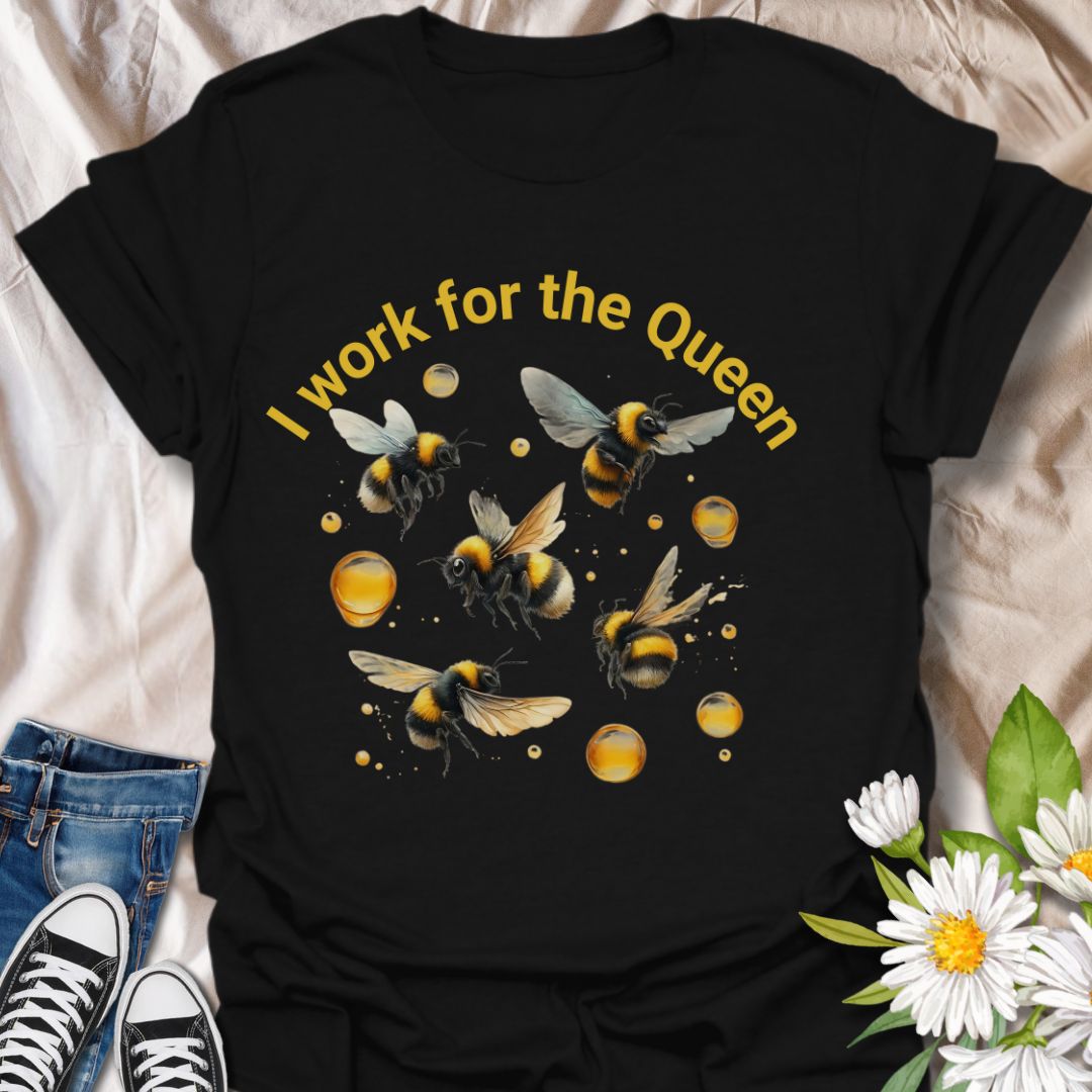 Fun "I Work for the Queen" bee t-shirt featuring vibrant flying bees and honeycomb accents on royal blue. Perfect for beekeepers, honey bee lovers, gardeners, pollinator enthusiasts, and nature fans. Great gift for plant moms, environmentalists, and anyone who loves saving the bees.