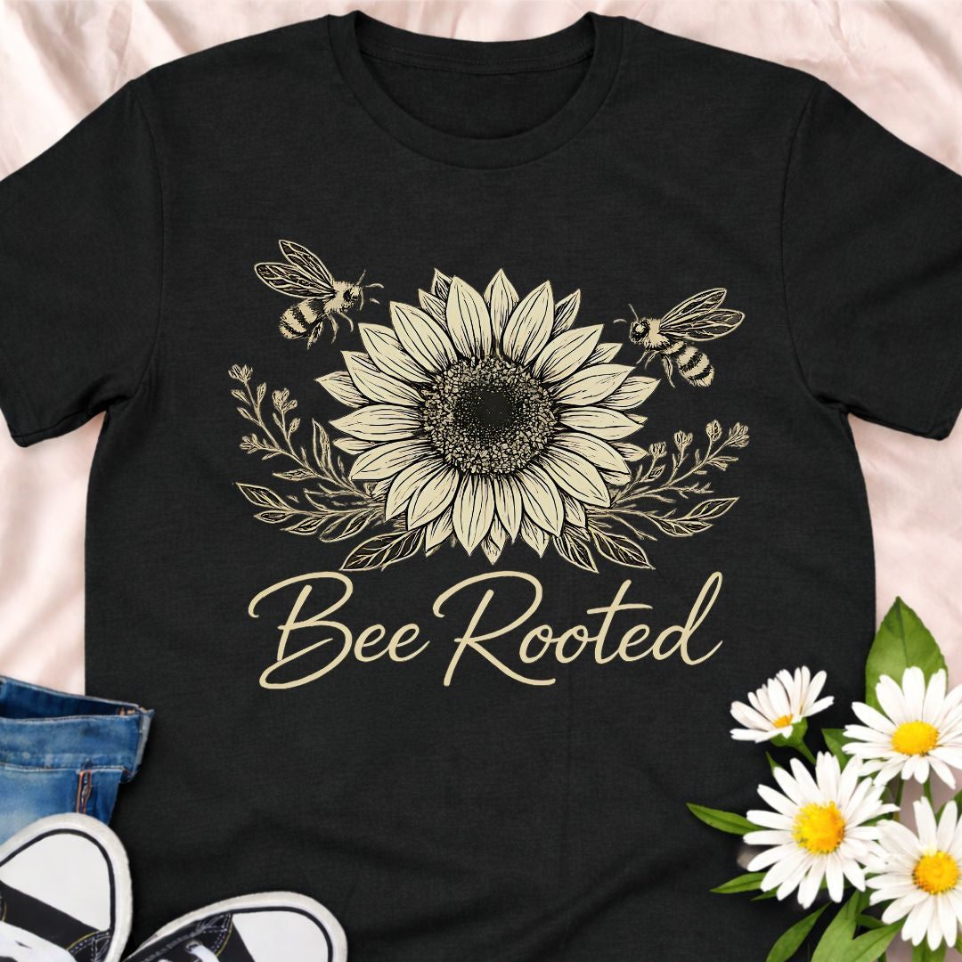 Celebrate slow living and nature connection with this Bee Rooted botanical t-shirt. Featuring a detailed sunflower illustration with bees, this nature-inspired tee is perfect for gardeners, pollinator lovers, and eco-minded souls who believe in staying grounded and growing with purpose.