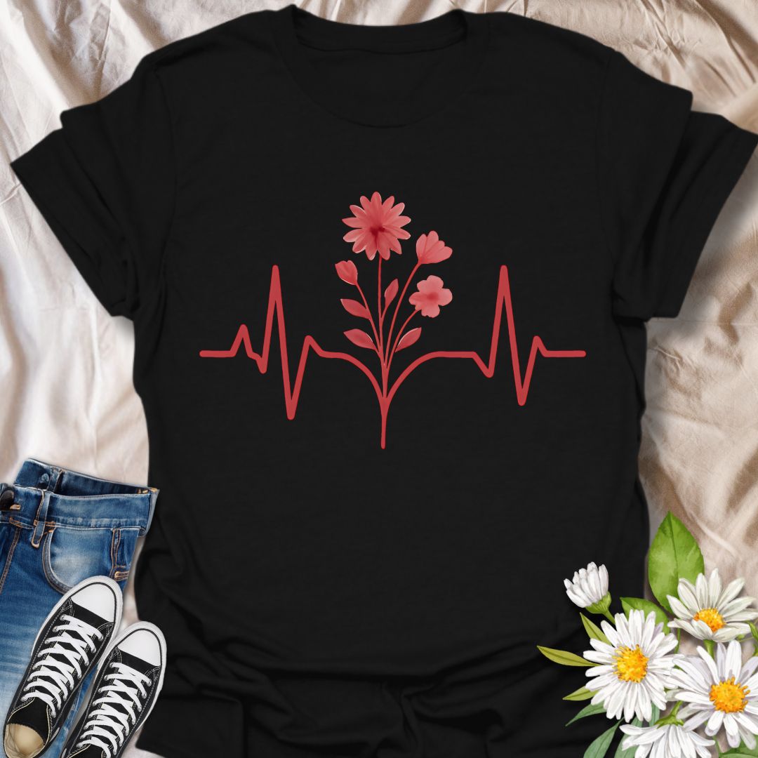 Minimalist flower heartbeat t-shirt featuring a soft red floral stem growing from a heart rhythm line. A meaningful, nature-meets-wellness design ideal for nurses, plant lovers, and anyone who feels alive in nature. Great gift for healthcare heroes, garden lovers, and flower fans alike