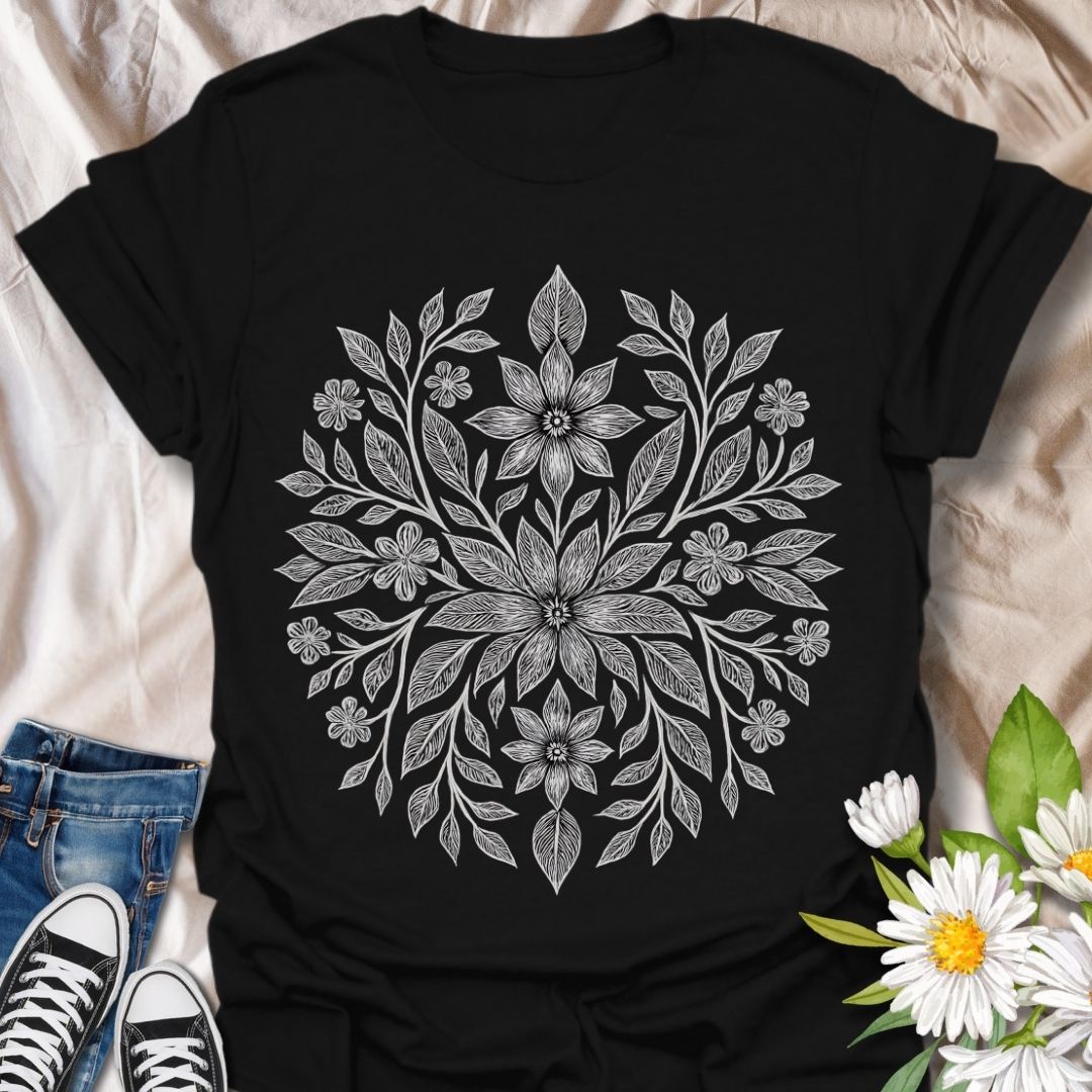 Elegant floral mandala t-shirt featuring intricate white line art flowers and leaves on a navy background. A beautifully detailed nature-inspired design perfect for garden lovers, boho fashion fans, and those who appreciate hand-drawn botanical art. Ideal for everyday wear, mindful gifting, or cottagecore style