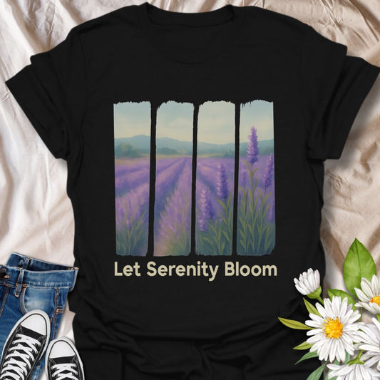 Embrace peaceful vibes with this "Let Serenity Bloom" t-shirt, featuring a dreamy lavender field viewed through vertical panels. Printed on a deep navy blue tee, this design radiates calm, mindfulness, and nature-inspired beauty. A perfect gift for lavender lovers, gardeners, and anyone drawn to serene, floral art.