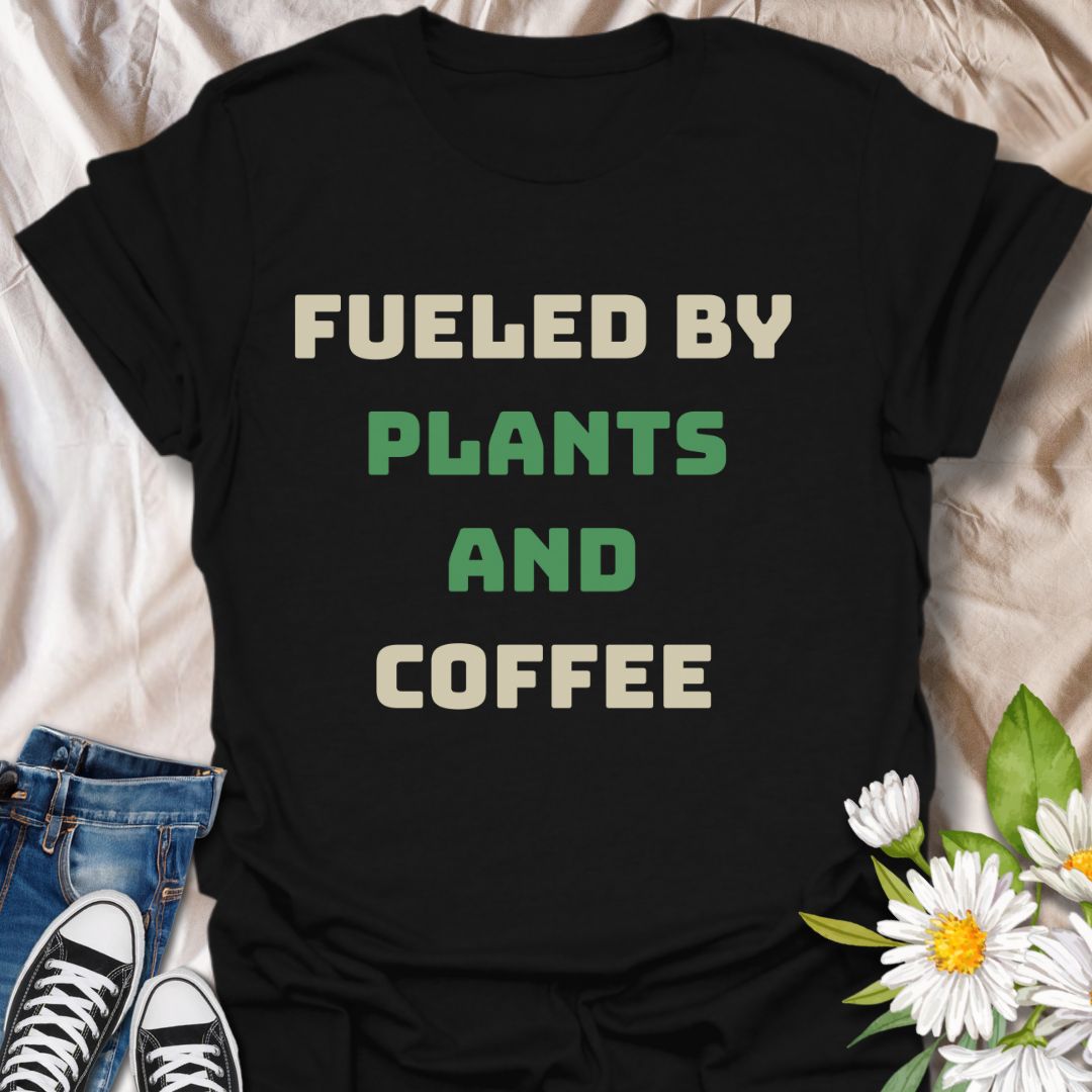 Stay energized and stylish with this fun graphic t-shirt featuring the phrase "Fueled by Plants and Coffee." Perfect for plant parents, gardeners, coffee lovers, and anyone who enjoys a lifestyle rooted in greenery and caffeine.