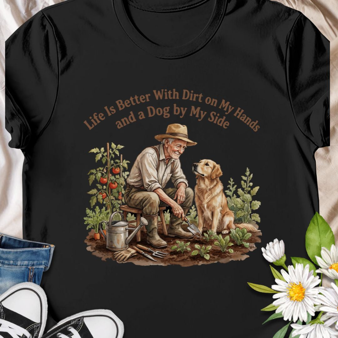 Celebrate the joys of gardening and loyal companionship with this heart warming “Life Is Better With Dirt on My Hands and a Dog by My Side” t-shirt. Featuring a vintage-style illustration of a man and his dog in the garden, this tee is perfect for nature lovers, dog dads, or anyone who finds peace in plants and paws. A thoughtful gift for birthdays, Father’s Day, or just because.