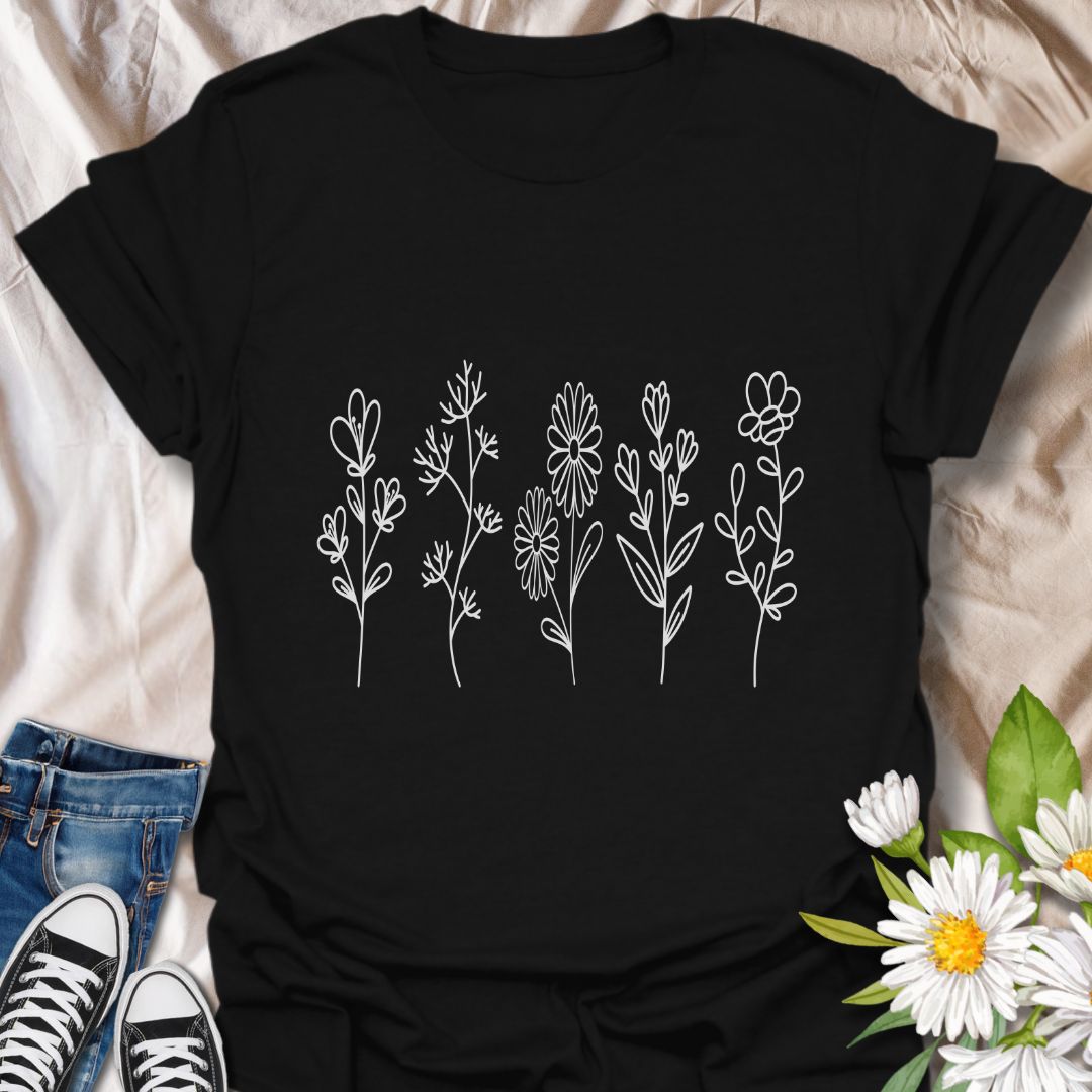 Simple wildflower line art t-shirt with delicate hand-drawn floral stems. Perfect for plant lovers, nature enthusiasts, gardeners, and fans of minimalist botanical design. A subtle, modern floral tee ideal for everyday wear and gifting.