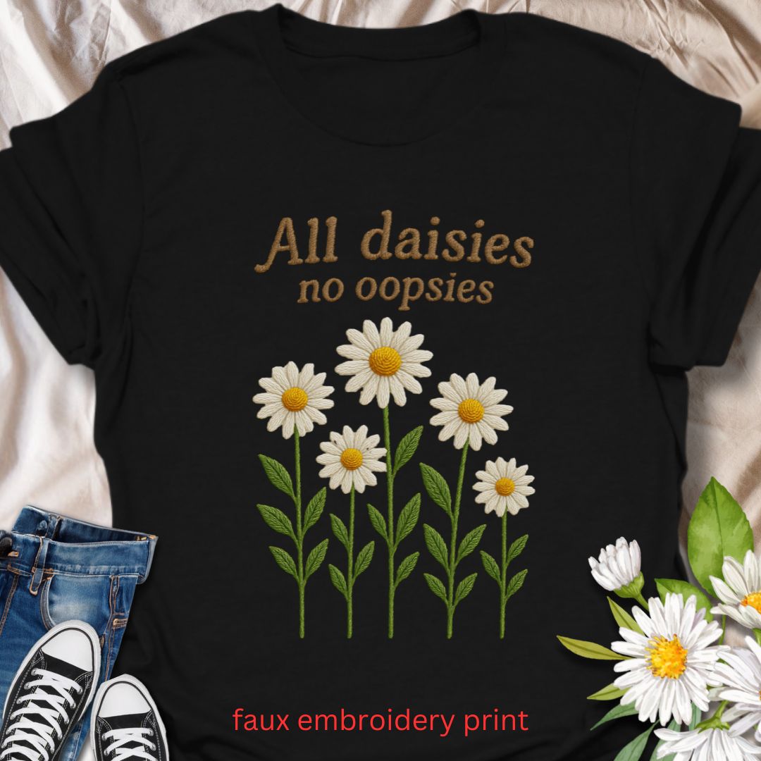 Bring a playful twist to your plant-loving wardrobe with this faux embroidery “All Daisies No Oopsies” t-shirt. Featuring a charming stitched-look daisy design, this tee blends floral cheer with a fun phrase, perfect for gardeners, plant moms, and anyone who loves whimsical nature-themed apparel.