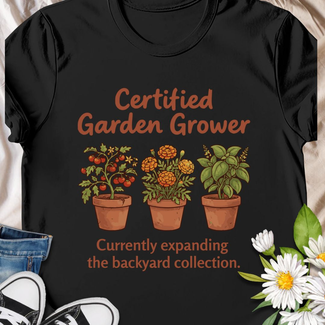 Show off your green thumb with this charming “Certified Garden Grower” t-shirt featuring potted veggies, herbs, and flowers. Perfect for proud backyard gardeners, homesteaders, or anyone always expanding their plant collection. A great gift for plant lovers and veggie growers!