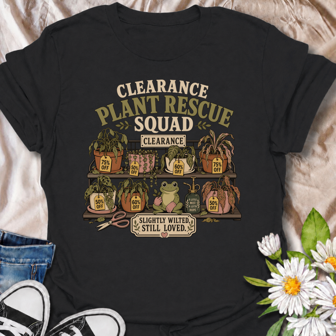 Give every wilted plant another chance with this “Clearance Plant Rescue Squad” T-shirt. Featuring discounted plants, sale tags, a hopeful frog, and the phrase “Slightly Wilted, Still Loved,” it celebrates every determined plant rescuer. A funny and heartfelt gift for gardeners who cannot leave a struggling plant behind.