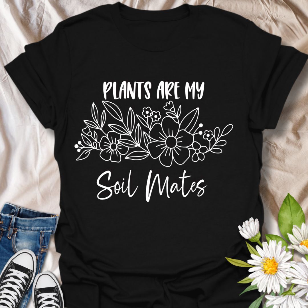 Funny gardening t-shirt with “Plants Are My Soil Mates” quote and floral line art. Perfect gift for plant lovers, garden enthusiasts, nature fans, plant moms, and anyone who loves wordplay, puns, and botanical humor. Ideal for plant parents and green thumb friends.