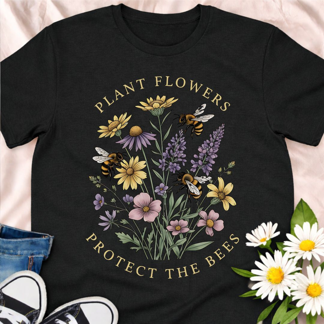 Spread a pollinator-friendly message with this “Plant Flowers, Protect the Bees” wildflower t-shirt. Packed with colorful blooms and busy bees, it’s a beautiful eco-conscious gift for gardeners, beekeepers, and nature lovers.