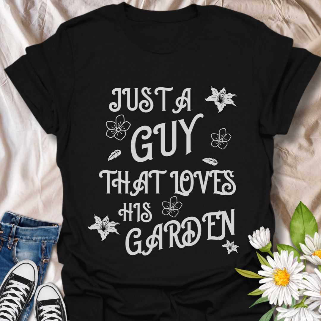 Celebrate gardening passion with this fun "Just A Guy That Loves His Garden" t-shirt. Featuring playful floral graphics and a bold statement, it's perfect for the green-thumbed guy who enjoys spending time in the garden.