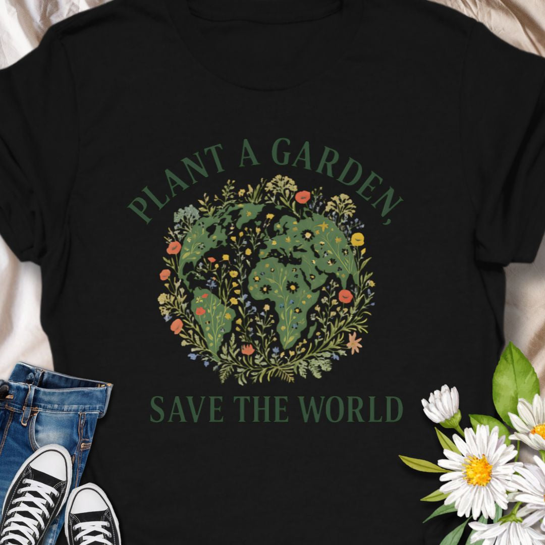 Inspire eco-conscious gardening with this "Plant a Garden, Save the World" t-shirt. Perfect for Earth Day, gardeners, and plant-based lifestyle advocates. This tee carries a gentle message: Plant a garden, save the world. The artful globe filled with leaves, flowers, and tiny pollinators sits center chest—subtle, hopeful, and easy to wear every day. 