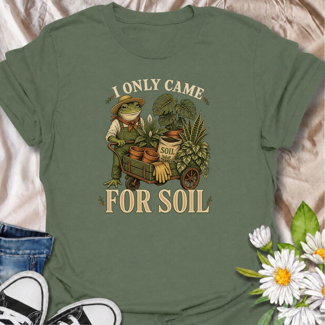 Funny plant lover T-shirt for anyone who goes to the garden center for one bag of soil and somehow comes home with a trolley full of plants. A vintage frog and houseplant design made for plant collectors, gardeners and anyone who understands an accidental nursery haul