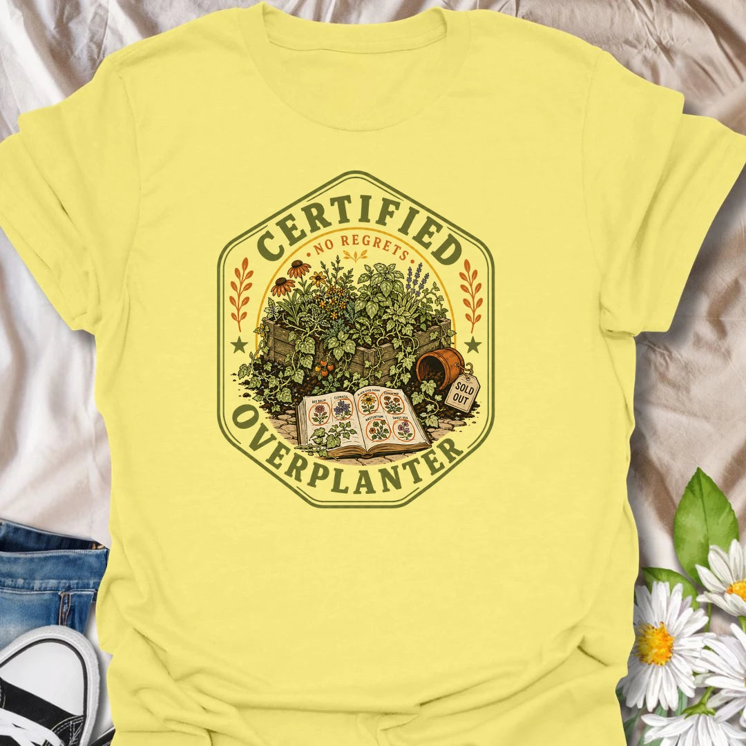 This Certified Overplanter t-shirt is made for gardeners who know there is always room for just one more seedling, even when the garden is already overflowing. Featuring a vintage badge-style design with crowded garden beds, seed packets, an open seed catalog, a sold out pot, and the phrase No Regrets, this tee has a funny plant-lover feel with classic garden-club charm. Perfect for gardeners, plant lovers, backyard growers, flower fans, vegetable gardeners, and anyone who proudly overplants every season.