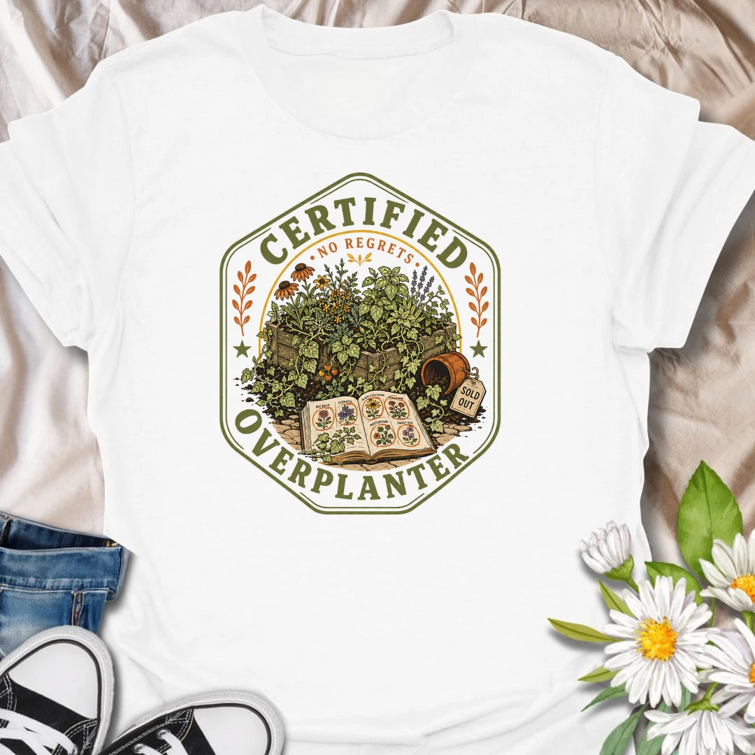 This Certified Overplanter t-shirt is made for gardeners who know there is always room for just one more seedling, even when the garden is already overflowing. Featuring a vintage badge-style design with crowded garden beds, seed packets, an open seed catalog, a sold out pot, and the phrase No Regrets, this tee has a funny plant-lover feel with classic garden-club charm. Perfect for gardeners, plant lovers, backyard growers, flower fans, vegetable gardeners, and anyone who proudly overplants every season.