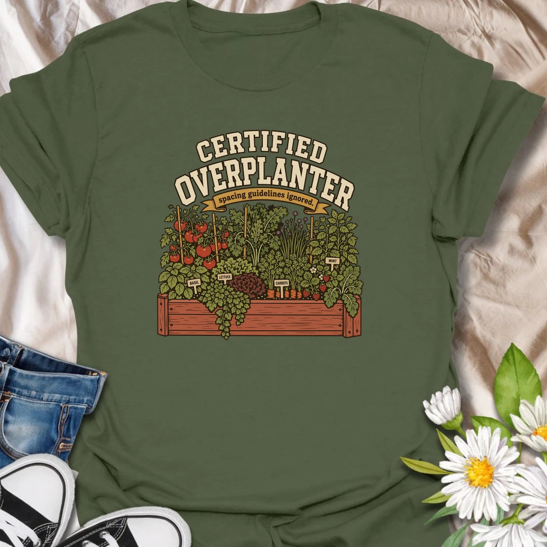 Celebrate an overflowing vegetable garden with this “Certified Overplanter” T-shirt. The detailed raised-bed design features tomatoes, carrots, lettuce, basil, mint, strawberries, and the perfect lack of spacing. It is a funny gift for ambitious gardeners who always squeeze in one more plant.