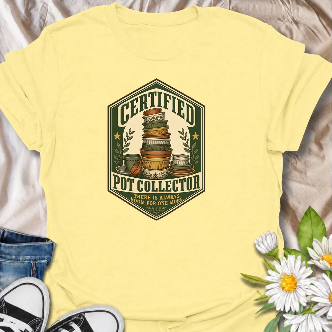 A vintage-inspired pot collector T-shirt for gardeners who always have room for one more planter. A fun gift for plant lovers and pottery collectors.