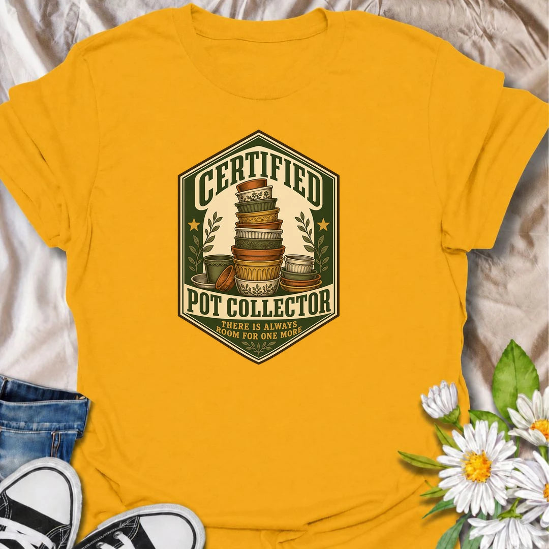 A vintage-inspired pot collector T-shirt for gardeners who always have room for one more planter. A fun gift for plant lovers and pottery collectors.