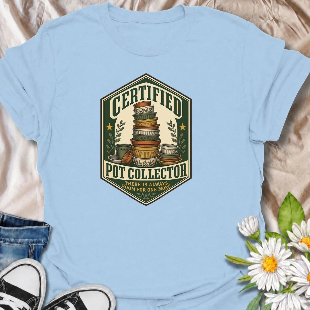 A vintage-inspired pot collector T-shirt for gardeners who always have room for one more planter. A fun gift for plant lovers and pottery collectors.