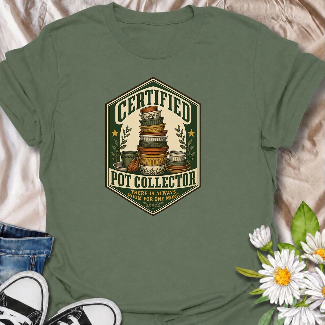 A vintage-inspired pot collector T-shirt for gardeners who always have room for one more planter. A fun gift for plant lovers and pottery collectors.