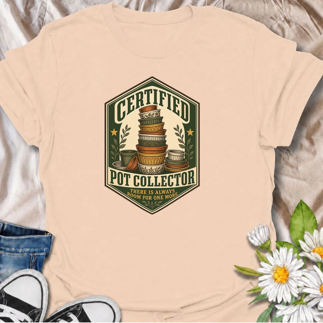 A vintage-inspired pot collector T-shirt for gardeners who always have room for one more planter. A fun gift for plant lovers and pottery collectors.
